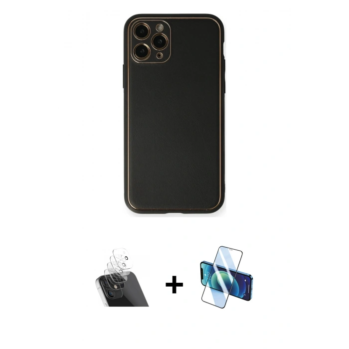 MARSİLYAN™- iPhone 11 Pro Max Kılıf Yadigar Klasik - Siyah 3D Antistatik Cam Ekran Koruyucu + Kamera Lens Koruma Cam - SF
