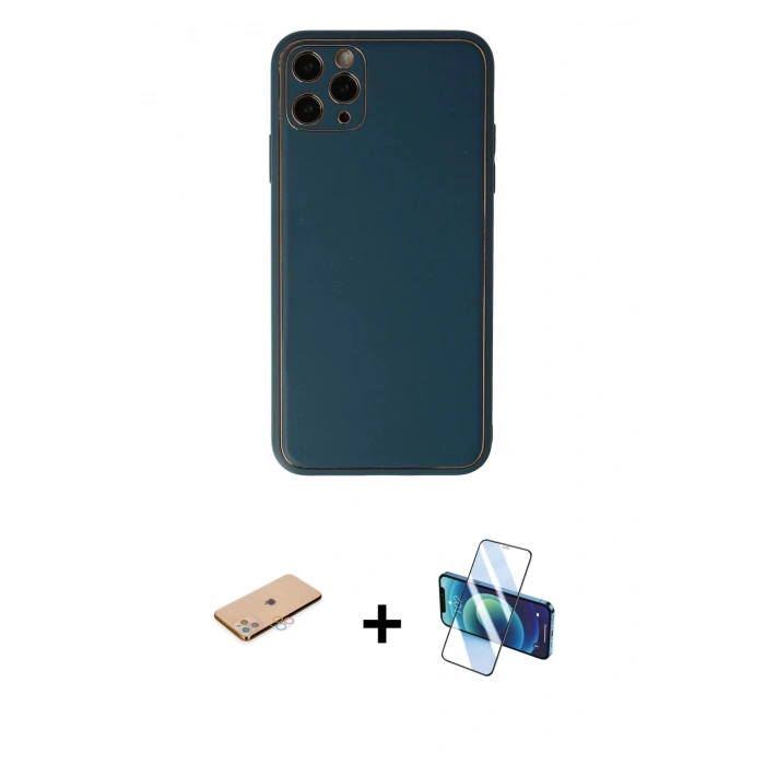 MARSİLYAN™- iPhone 11 Pro Max Kılıf Yadigar Klasik - Siyah 3D Antistatik Cam Ekran Koruyucu + Renkli Kamera Lens Koruma Cam - PE