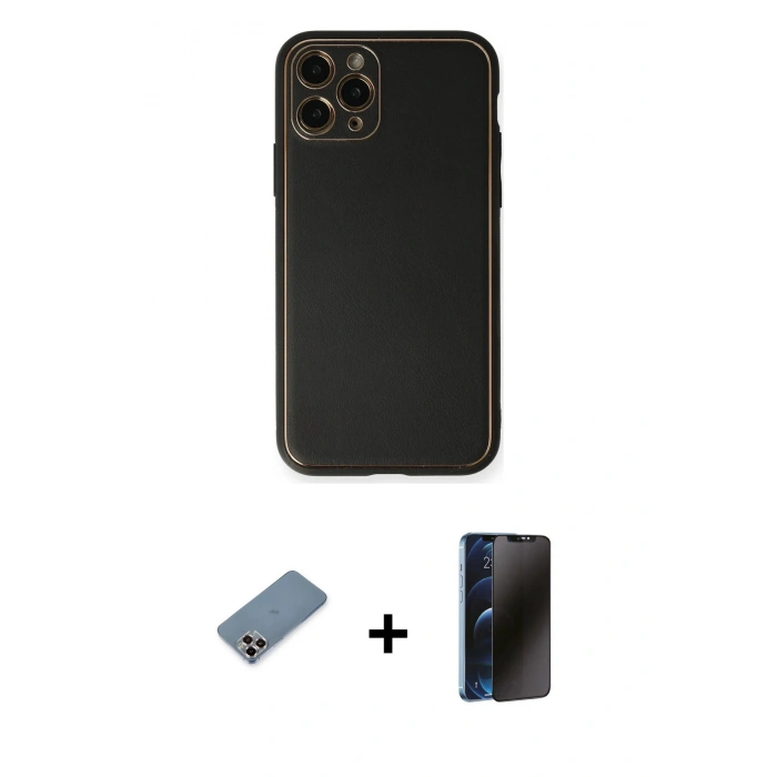 MARSİLYAN™- iPhone 11 Pro Max Kılıf Yadigar Klasik - Siyah 3D Antistatik Hayalet Cam Ekran Koruyucu + Metal Kamera Lens Koruma Cam - MR