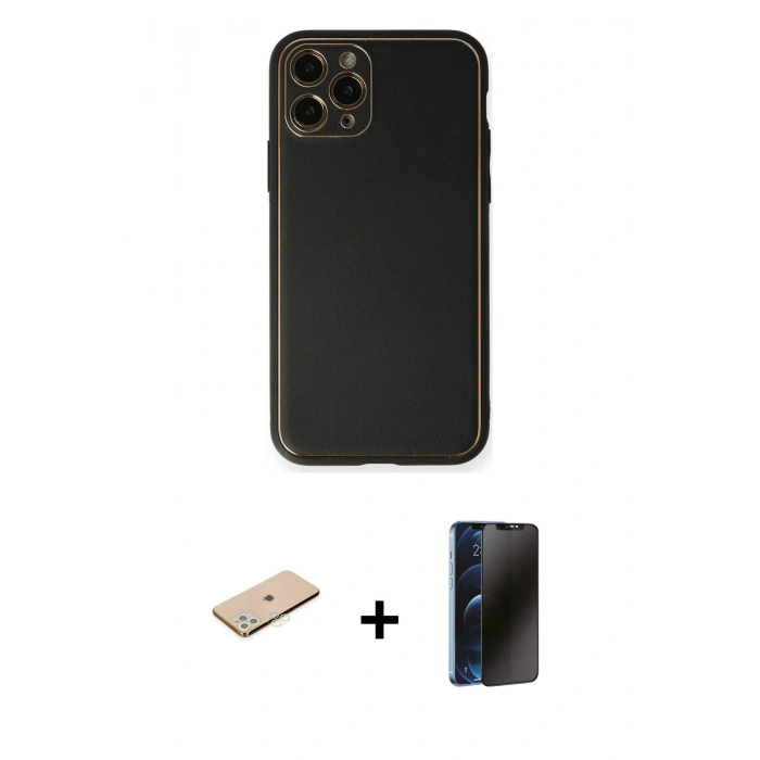 MARSİLYAN™- iPhone 11 Pro Max Kılıf Yadigar Klasik - Siyah 3D Antistatik Hayalet Cam Ekran Koruyucu + Renkli Kamera Lens Koruma Cam - YL