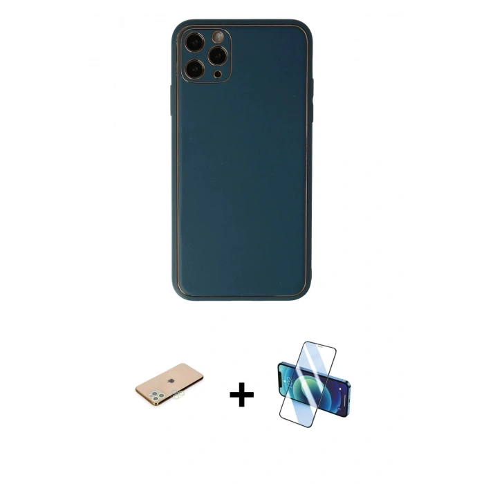 MARSİLYAN™- iPhone 11 Pro Max Kılıf Yadigar Klasik - Siyah 3D Antistatik Seramik Nano Ekran Koruyucu + Yeşil Renkli Kamera Lens Koruma Cam
