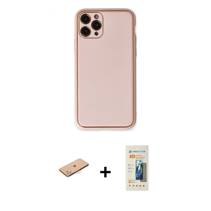 MARSİLYAN™- iPhone 11 Pro Max Kılıf Yadigar Klasik - Siyah 6D Mat Seramik Hayalet Nano Ekran Koruyucu + Pembe Renkli Kamera Lens Koruma Cam