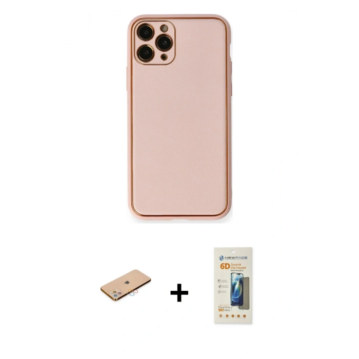 MARSİLYAN™- iPhone 11 Pro Max Kılıf Yadigar Klasik - Siyah 6D Mat Seramik Hayalet Nano Ekran Koruyucu + Pembe Renkli Kamera Lens Koruma Cam
