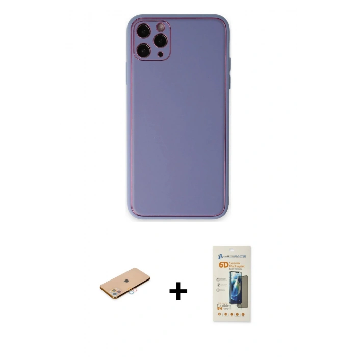 MARSİLYAN™- iPhone 11 Pro Max Kılıf Yadigar Klasik - Siyah 6D Mat Seramik Hayalet Nano Ekran Koruyucu + Pembe Renkli Kamera Lens Koruma Cam