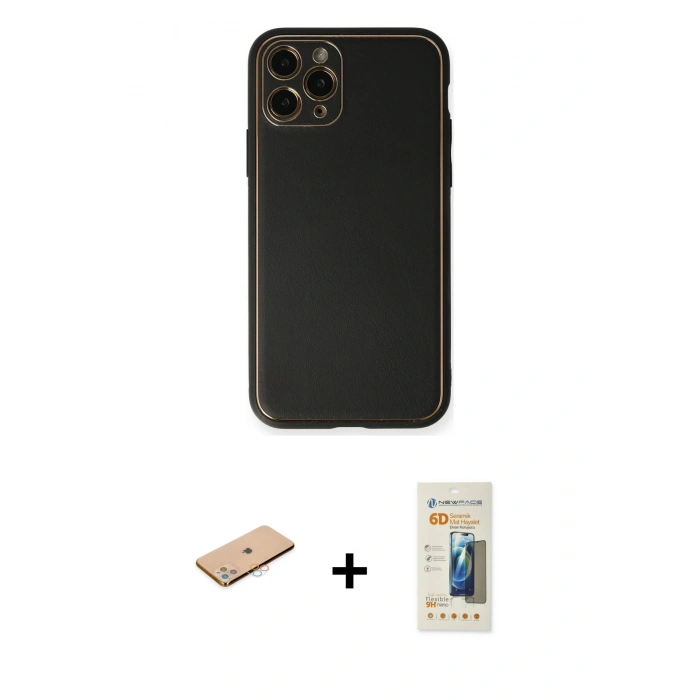 MARSİLYAN™- iPhone 11 Pro Max Kılıf Yadigar Klasik - Siyah 6D Mat Seramik Hayalet Nano Ekran Koruyucu + Pembe Renkli Kamera Lens Koruma Cam