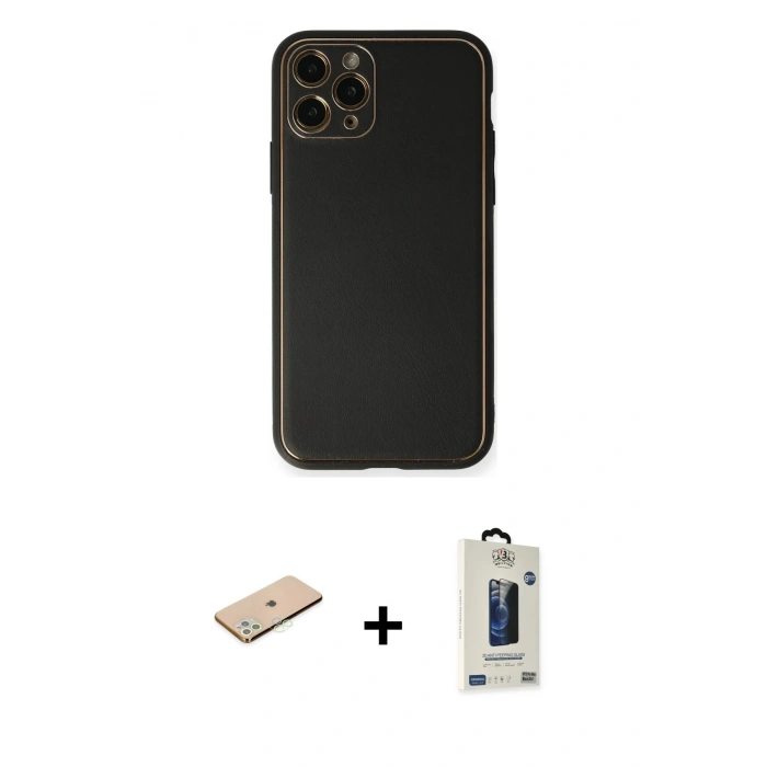 MARSİLYAN™- iPhone 11 Pro Max Kılıf Yadigar Klasik - Siyah Bilvis Hayalet Cam Ekran Koruyucu + Renkli Kamera Lens Koruma Cam - YL