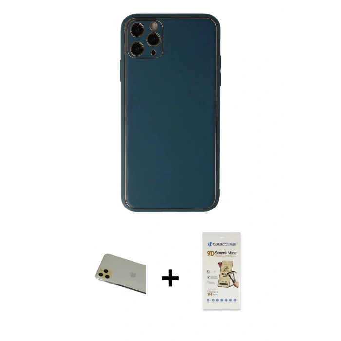 MARSİLYAN™- iPhone 11 Pro Max Kılıf Yadigar Klasik - Siyah Mat Seramik Nano Ekran Koruyucu + Gold Rainbow Kamera Lens Koruma Cam