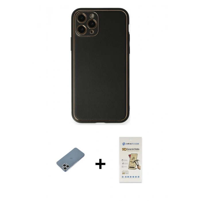 MARSİLYAN™- iPhone 11 Pro Max Kılıf Yadigar Klasik - Siyah Mat Seramik Nano Ekran Koruyucu + Gümüş Shine Kamera Lens Koruma Cam