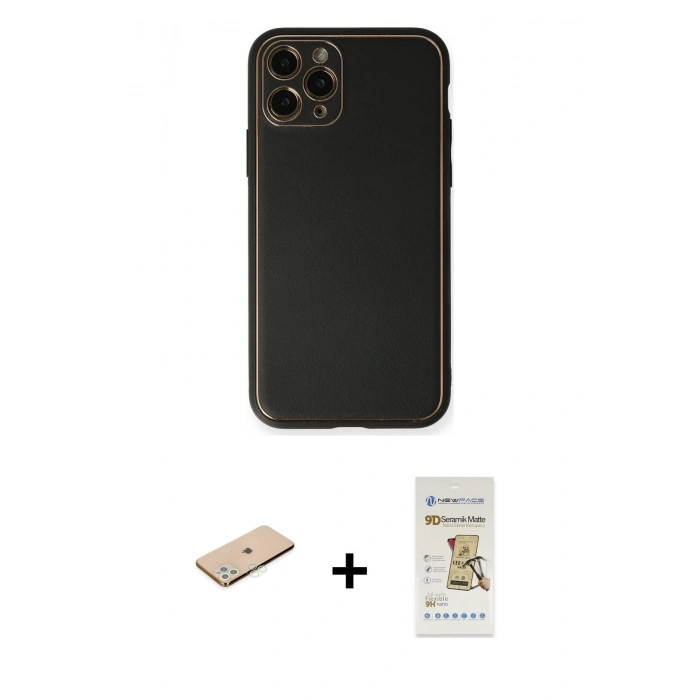 MARSİLYAN™- iPhone 11 Pro Max Kılıf Yadigar Klasik - Siyah Mat Seramik Nano Ekran Koruyucu + Renkli Kamera Lens Koruma Cam - YL
