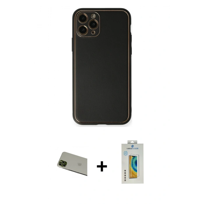 MARSİLYAN™- iPhone 11 Pro Max Kılıf Yadigar Klasik - Siyah Polymer Nano Ekran Koruyucu + Rainbow Kamera Lens Koruma Cam - YL