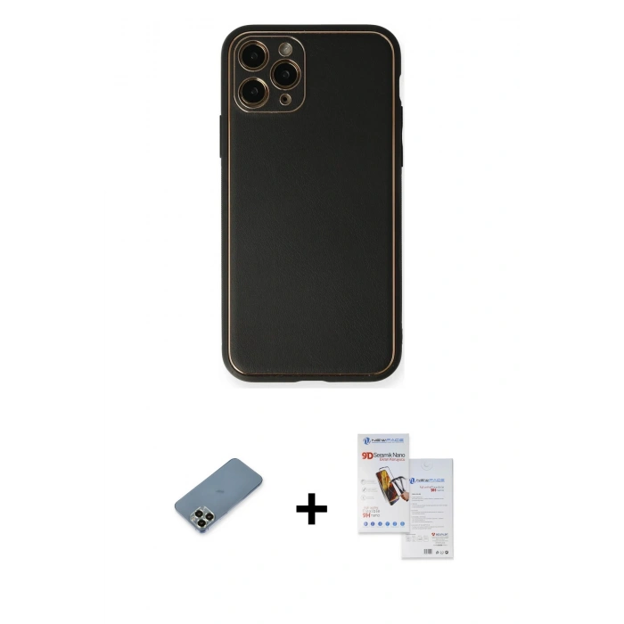 MARSİLYAN™- iPhone 11 Pro Max Kılıf Yadigar Klasik - Siyah Seramik Nano Ekran Koruyucu + Metal Kamera Lens Koruma Cam - AKYL