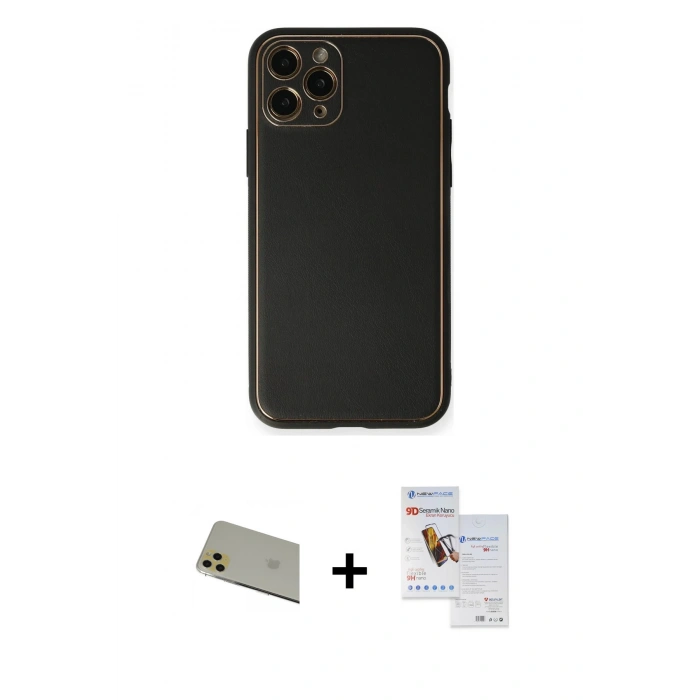 MARSİLYAN™- iPhone 11 Pro Max Kılıf Yadigar Klasik - Siyah Seramik Nano Ekran Koruyucu + Rainbow Kamera Lens Koruma Cam - GD