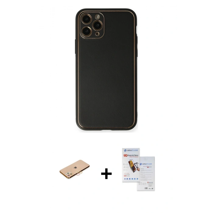 MARSİLYAN™- iPhone 11 Pro Max Kılıf Yadigar Klasik - Siyah Seramik Nano Ekran Koruyucu + Renkli Kamera Lens Koruma Cam - TU