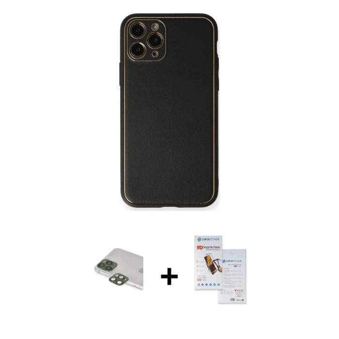 MARSİLYAN™- iPhone 11 Pro Max Kılıf Yadigar Klasik - Siyah Seramik Nano Ekran Koruyucu + Pers Alüminyum Kamera Lens - YL
