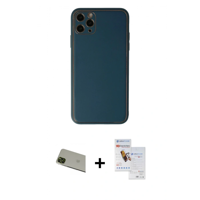 MARSİLYAN™- iPhone 11 Pro Max Kılıf Yadigar Klasik - Siyah Seramik Nano Ekran Koruyucu + Rainbow Kamera Lens Koruma Cam - YL