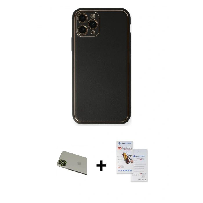 MARSİLYAN™- iPhone 11 Pro Max Kılıf Yadigar Klasik - Siyah Seramik Nano Ekran Koruyucu + Rainbow Kamera Lens Koruma Cam - YL