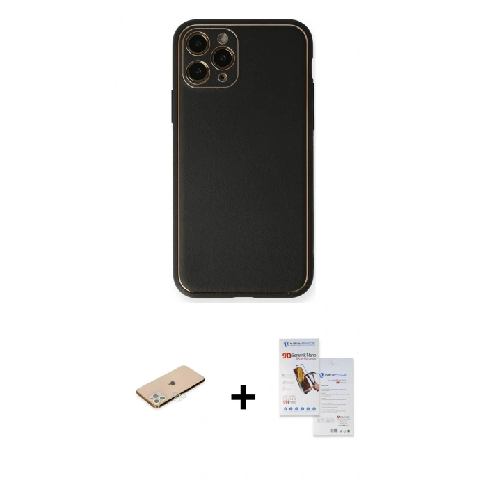 MARSİLYAN™- iPhone 11 Pro Max Kılıf Yadigar Klasik - Siyah Seramik Nano Ekran Koruyucu + Renkli Kamera Lens Koruma Cam - YL