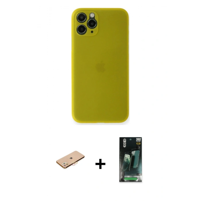 MARSİLYAN™- iPhone 11 Pro Max Kılıf Yadigar Yansıma Serisi - Şeffaf 360 Full Body Arka Koruyucu + Turuncu Renkli Kamera Lens Koruma Cam