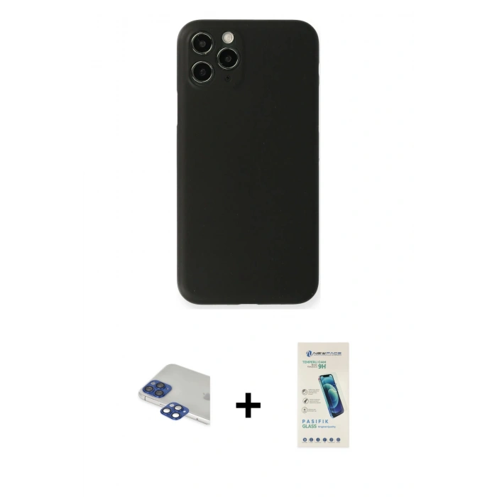 MARSİLYAN™- iPhone 11 Pro Max Kılıf Yadigar Yansıma Serisi - Şeffaf Pasifik Cam Ekran Koruyucu + Lacivert Pers Alüminyum Kamera Lens