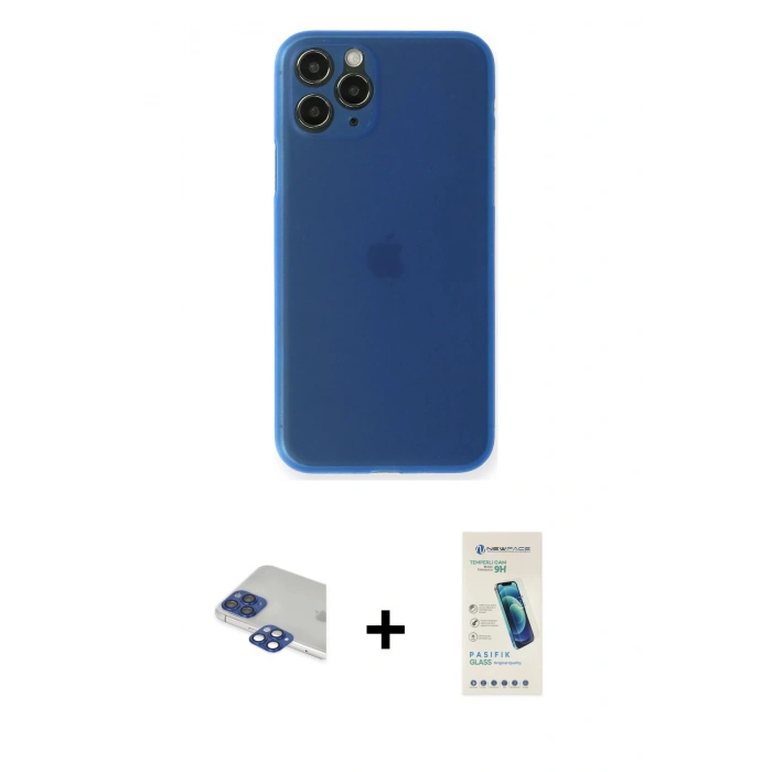 MARSİLYAN™- iPhone 11 Pro Max Kılıf Yadigar Yansıma Serisi - Şeffaf Pasifik Cam Ekran Koruyucu + Lacivert Pers Alüminyum Kamera Lens