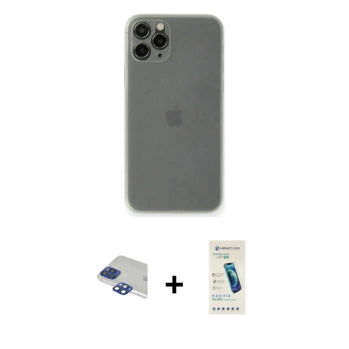 MARSİLYAN™- iPhone 11 Pro Max Kılıf Yadigar Yansıma Serisi - Şeffaf Pasifik Cam Ekran Koruyucu + Lacivert Pers Alüminyum Kamera Lens