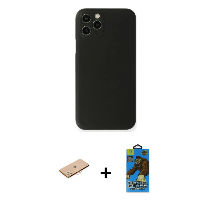 MARSİLYAN™- iPhone 11 Pro Max Kılıf Yadigar Yansıma Serisi - Siyah 18D Cam Ekran Koruyucu + Renkli Kamera Lens Koruma Cam - TU