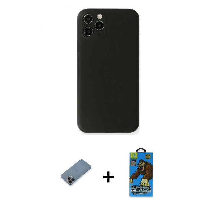 MARSİLYAN™- iPhone 11 Pro Max Kılıf Yadigar Yansıma Serisi - Siyah 18D Cam Ekran Koruyucu + Metal Kamera Lens Koruma Cam - SH