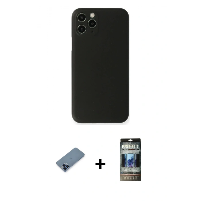 MARSİLYAN™- iPhone 11 Pro Max Kılıf Yadigar Yansıma Serisi - Siyah 34D Hayalet Izgaralı Cam + Mavi Metal Kamera Lens Koruma Cam