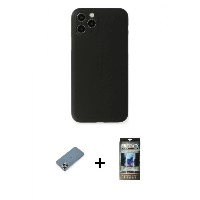 MARSİLYAN™- iPhone 11 Pro Max Kılıf Yadigar Yansıma Serisi - Siyah 34D Hayalet Izgaralı Cam + Metal Kamera Lens Koruma Cam - GS