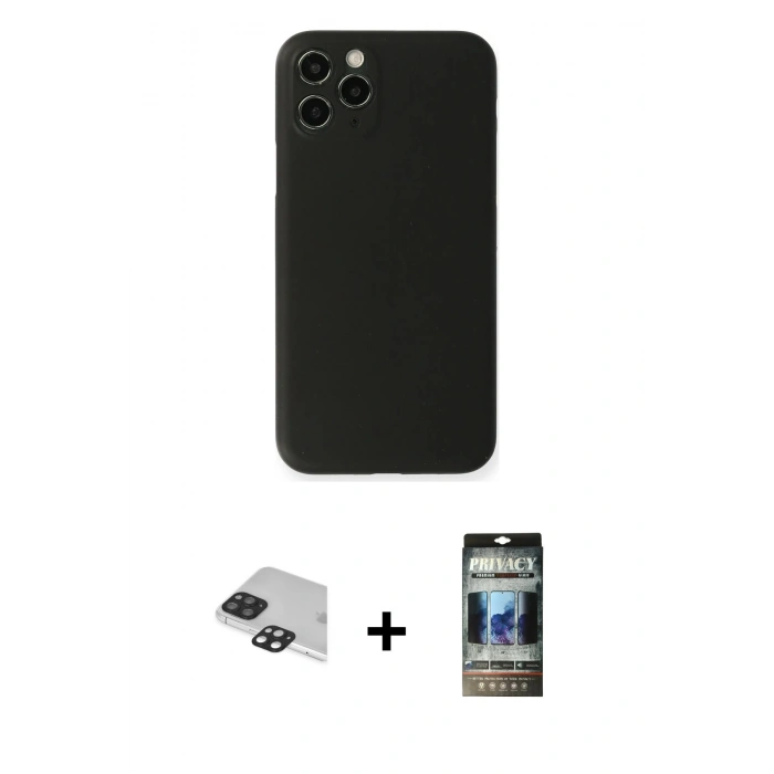 MARSİLYAN™- iPhone 11 Pro Max Kılıf Yadigar Yansıma Serisi - Siyah 34D Hayalet Izgaralı Cam + Pers Alüminyum Kamera Lens - SH
