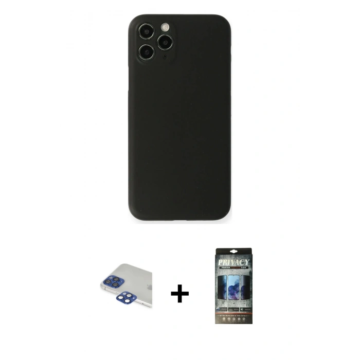 MARSİLYAN™- iPhone 11 Pro Max Kılıf Yadigar Yansıma Serisi - Siyah 34D Hayalet Izgaralı Cam + Pers Alüminyum Kamera Lens - LT