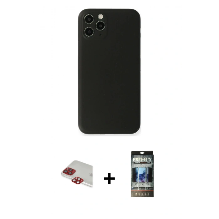 MARSİLYAN™- iPhone 11 Pro Max Kılıf Yadigar Yansıma Serisi - Siyah 34D Hayalet Izgaralı Cam + Pers Alüminyum Kamera Lens - KI