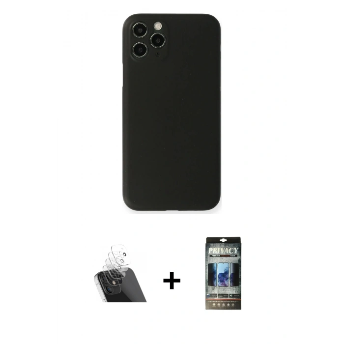 MARSİLYAN™- iPhone 11 Pro Max Kılıf Yadigar Yansıma Serisi - Siyah 34D Hayalet Izgaralı Cam + Kamera Lens Koruma Cam - SF