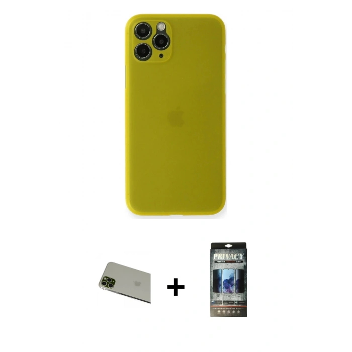 MARSİLYAN™- iPhone 11 Pro Max Kılıf Yadigar Yansıma Serisi - Siyah 34D Hayalet Izgaralı Cam + Rainbow Kamera Lens Koruma Cam - YL