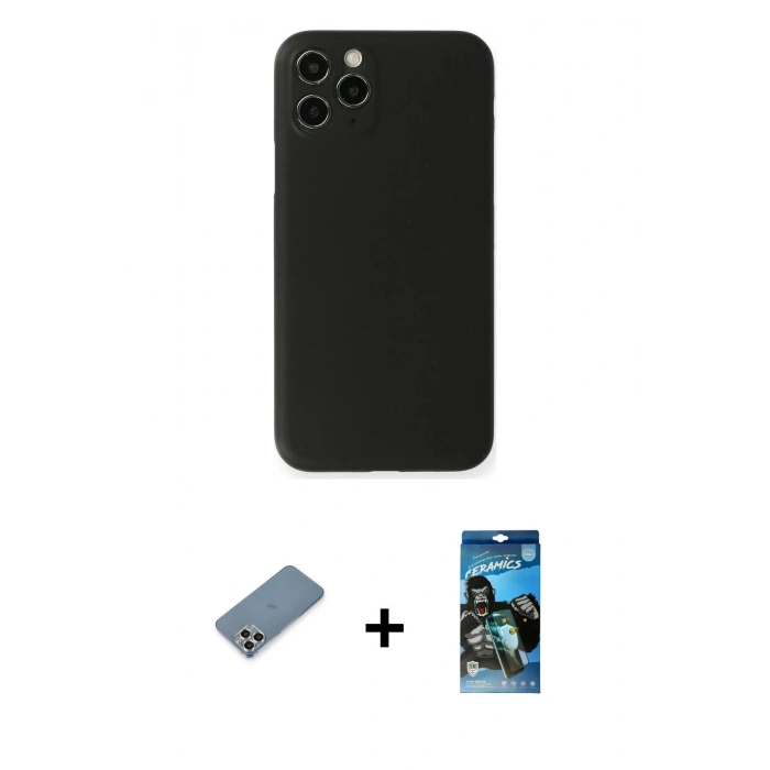 MARSİLYAN™- iPhone 11 Pro Max Kılıf Yadigar Yansıma Serisi - Siyah 34D Izgaralı Cam + Metal Kamera Lens Koruma Cam - GS