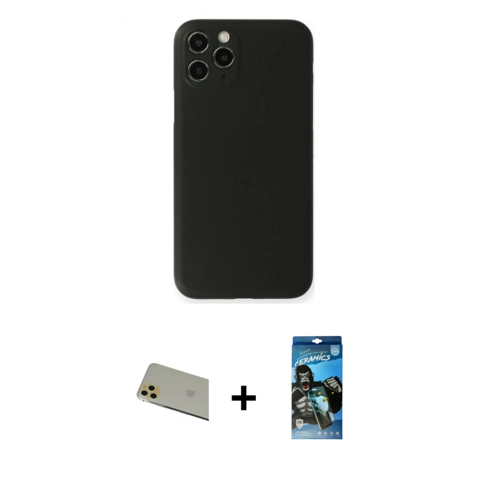 MARSİLYAN™- iPhone 11 Pro Max Kılıf Yadigar Yansıma Serisi - Siyah 34D Izgaralı Cam + Rainbow Kamera Lens Koruma Cam - GD