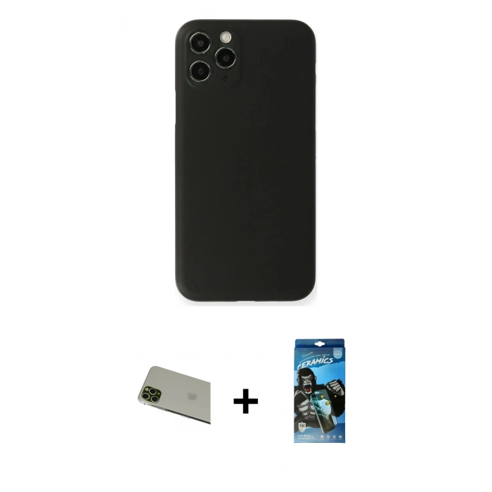 MARSİLYAN™- iPhone 11 Pro Max Kılıf Yadigar Yansıma Serisi - Siyah 34D Izgaralı Cam + Yeşil Rainbow Kamera Lens Koruma Cam
