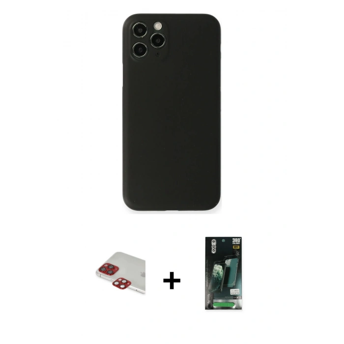 MARSİLYAN™- iPhone 11 Pro Max Kılıf Yadigar Yansıma Serisi - Siyah 360 Mat Full Body Arka Koruyucu + Kırmızı Pers Alüminyum Kamera Lens