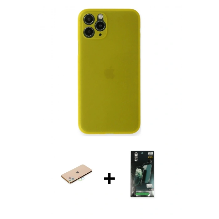 MARSİLYAN™- iPhone 11 Pro Max Kılıf Yadigar Yansıma Serisi - Siyah 360 Mat Full Body Arka Koruyucu + Mavi Renkli Kamera Lens Koruma Cam