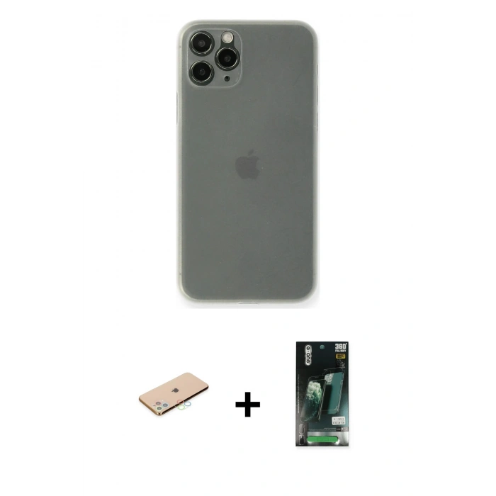 MARSİLYAN™- iPhone 11 Pro Max Kılıf Yadigar Yansıma Serisi - Siyah 360 Mat Full Body Arka Koruyucu + Mavi Renkli Kamera Lens Koruma Cam