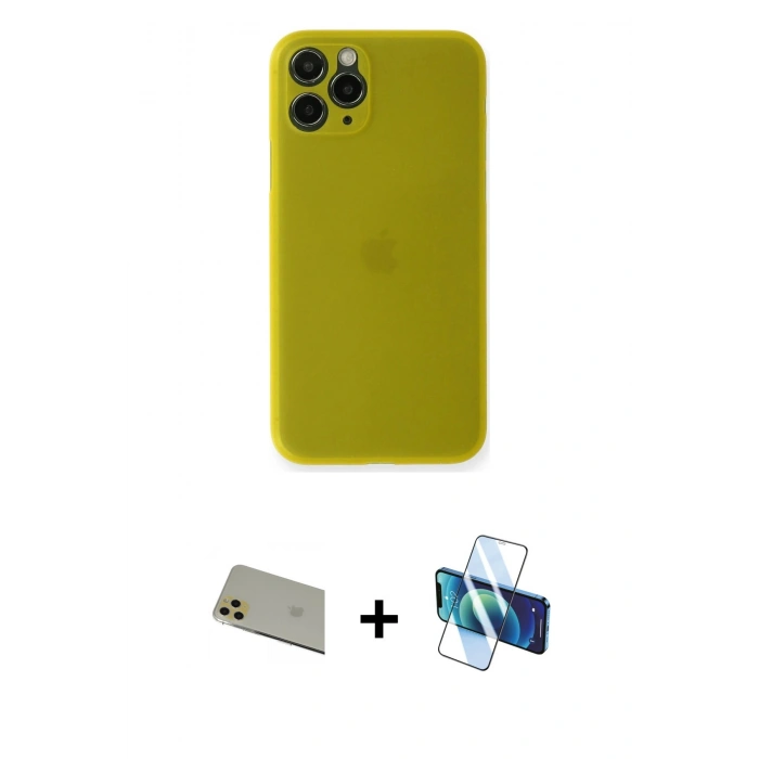 MARSİLYAN™- iPhone 11 Pro Max Kılıf Yadigar Yansıma Serisi - Siyah 3D Antistatik Cam Ekran Koruyucu + Gold Rainbow Kamera Lens Koruma Cam