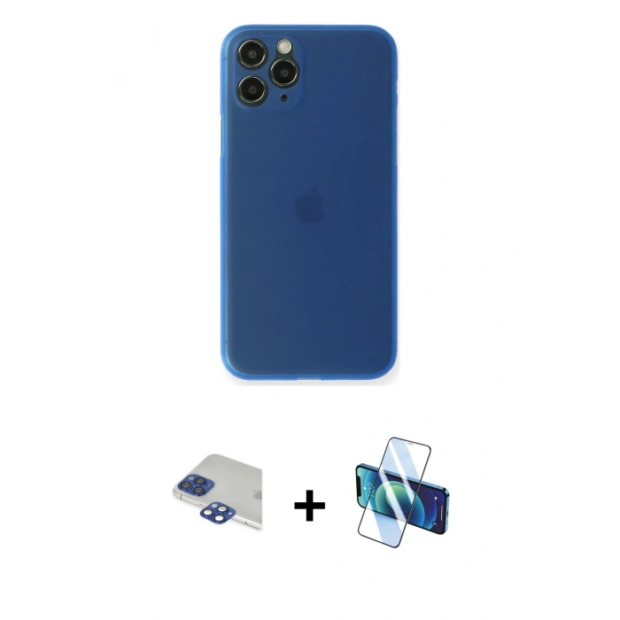 MARSİLYAN™- iPhone 11 Pro Max Kılıf Yadigar Yansıma Serisi - Siyah 3D Antistatik Cam Ekran Koruyucu + Lacivert Pers Alüminyum Kamera Lens