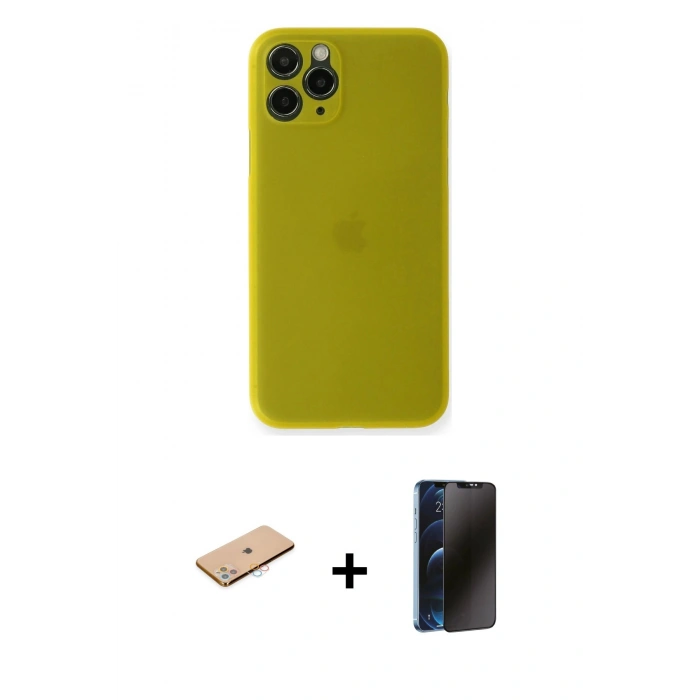 MARSİLYAN™- iPhone 11 Pro Max Kılıf Yadigar Yansıma Serisi - Siyah 3D Antistatik Hayalet Cam Ekran Koruyucu + Renkli Kamera Lens Koruma Cam - PE