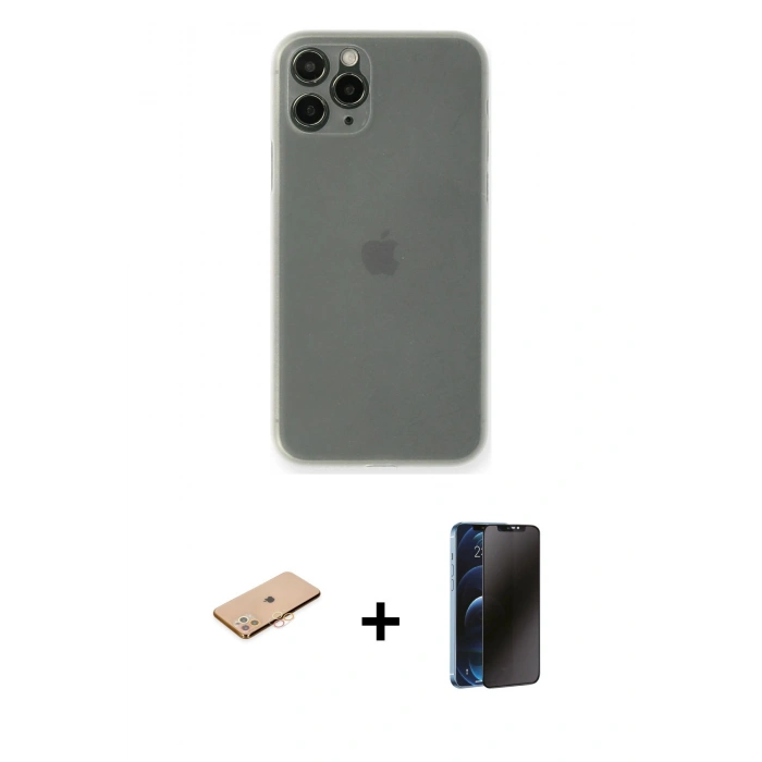 MARSİLYAN™- iPhone 11 Pro Max Kılıf Yadigar Yansıma Serisi - Siyah 3D Antistatik Hayalet Cam Ekran Koruyucu + Renkli Kamera Lens Koruma Cam - TU