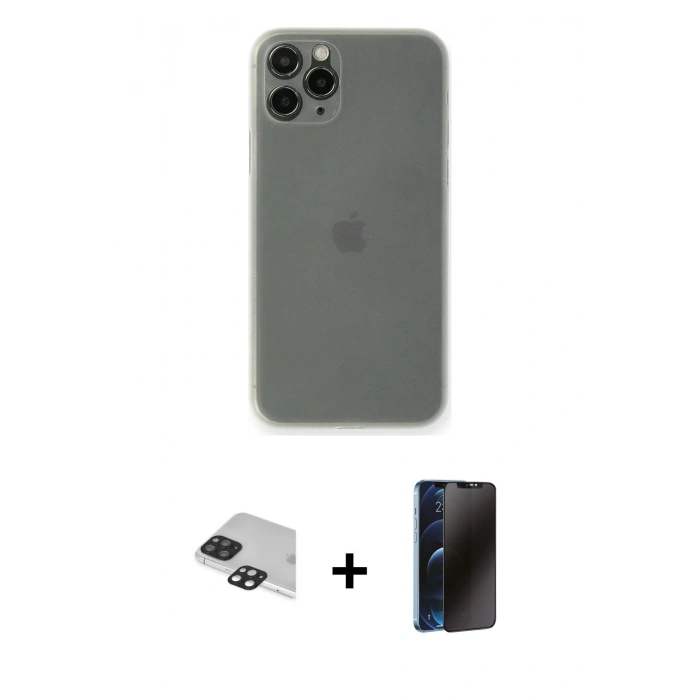 MARSİLYAN™- iPhone 11 Pro Max Kılıf Yadigar Yansıma Serisi - Siyah 3D Antistatik Hayalet Cam Ekran Koruyucu + Pers Alüminyum Kamera Lens - SH