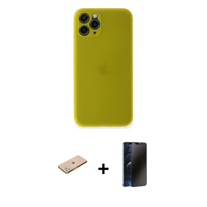 MARSİLYAN™- iPhone 11 Pro Max Kılıf Yadigar Yansıma Serisi - Siyah 3D Antistatik Hayalet Cam Ekran Koruyucu + Renkli Kamera Lens Koruma Cam - YL
