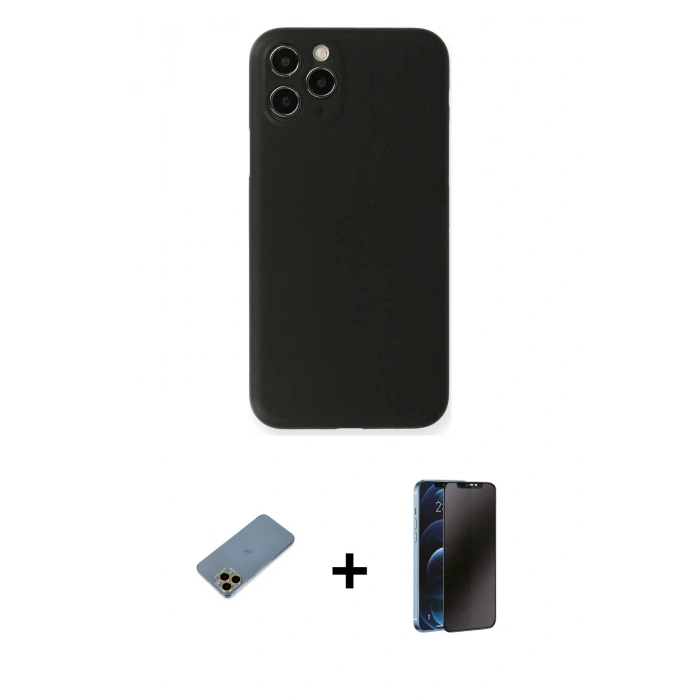 MARSİLYAN™- iPhone 11 Pro Max Kılıf Yadigar Yansıma Serisi - Siyah 3D Antistatik Hayalet Cam Ekran Koruyucu + Shine Kamera Lens Koruma Cam - GD