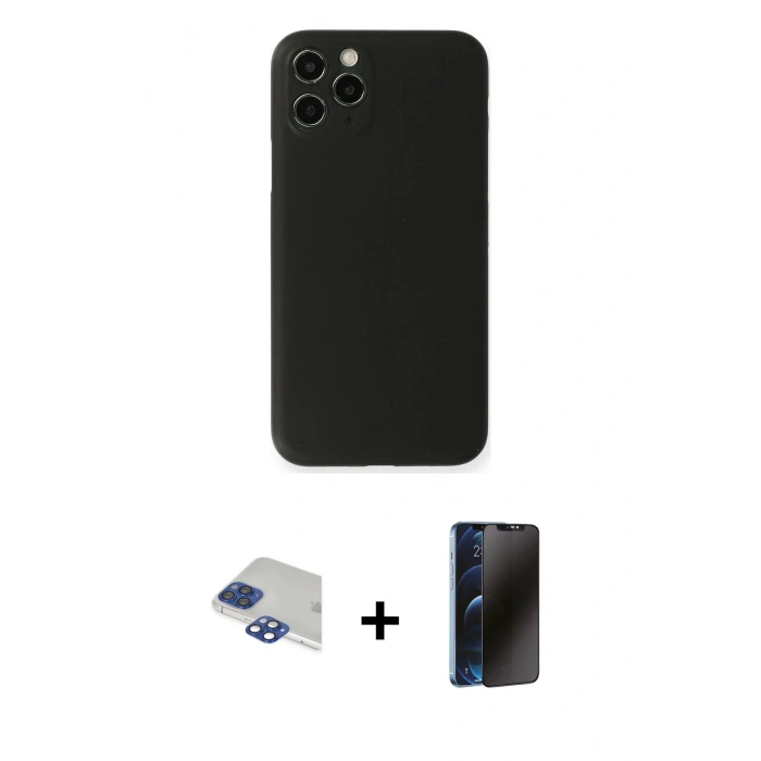 MARSİLYAN™- iPhone 11 Pro Max Kılıf Yadigar Yansıma Serisi - Siyah 3D Antistatik Hayalet Cam Ekran Koruyucu + Pers Alüminyum Kamera Lens - LT