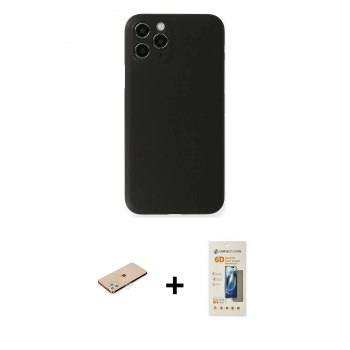 MARSİLYAN™- iPhone 11 Pro Max Kılıf Yadigar Yansıma Serisi - Siyah 6D Mat Seramik Hayalet Nano Ekran Koruyucu + Renkli Kamera Lens Koruma Cam - YL