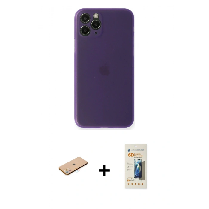 MARSİLYAN™- iPhone 11 Pro Max Kılıf Yadigar Yansıma Serisi - Siyah 6D Mat Seramik Hayalet Nano Ekran Koruyucu + Pembe Renkli Kamera Lens Koruma Cam